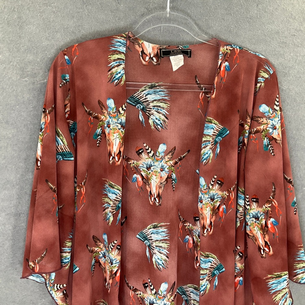 L&B Lucky &‎ Blessed Kimono Duster Sz S Brown Bull Skull Headdress Boho Festival - Picture 5 of 12